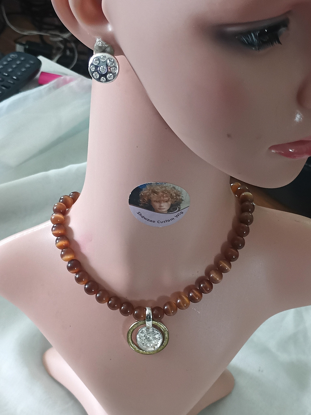 Natural Honey Brown Cat Eye Beaded Necklace with Pendant and Earrings